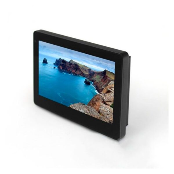 A black GK-Q896 7" Android PoE Wall Mount Tablet with NFC, RS232/RS485 device with a view of the ocean.