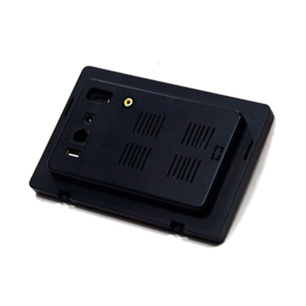 A black plastic GK-Q896 7" Android PoE Wall Mount Tablet with NFC, RS232/RS485 device with a camera on it.