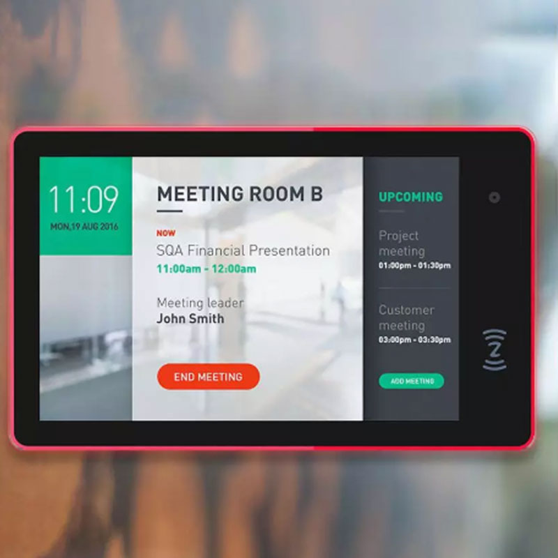 A GK-1052PL 10.1" Wall Mount Android PoE Tablet with full surround LED bar displaying a meeting room.