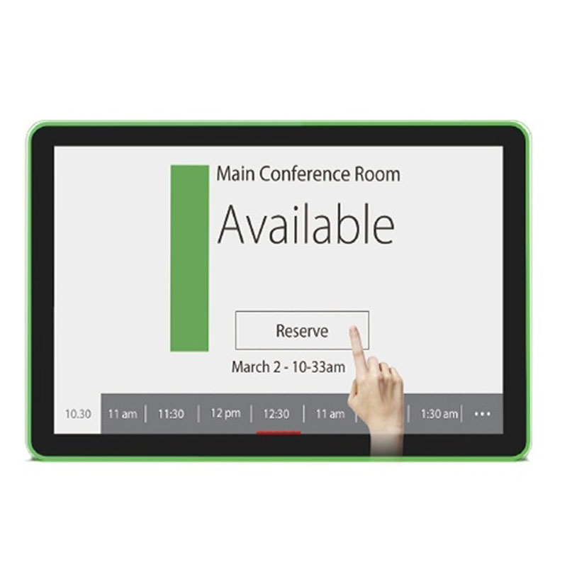 A GK-1052PL 10.1" Wall Mount Android PoE Tablet with full surround LED bar displaying the word conference room available.