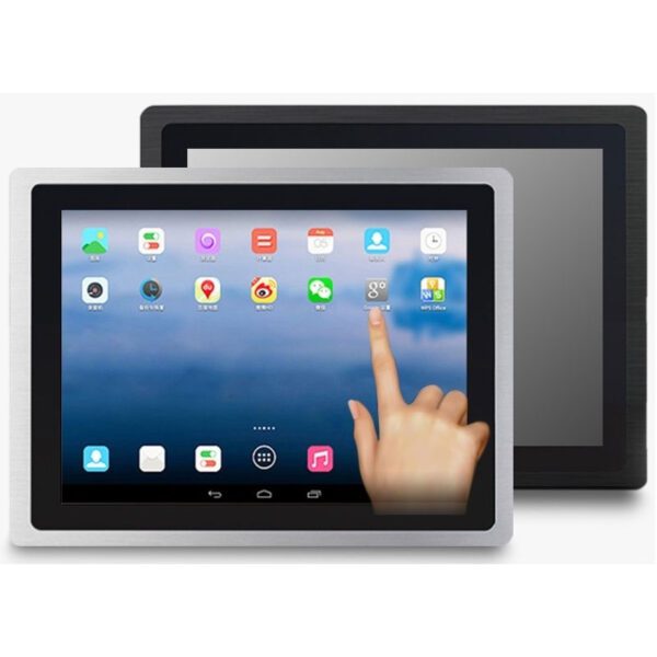 A GK-NWY-21FAND 21" IP65 Android Panel PC/HMI for IoT & Industrial Applications with a hand pointing at it.