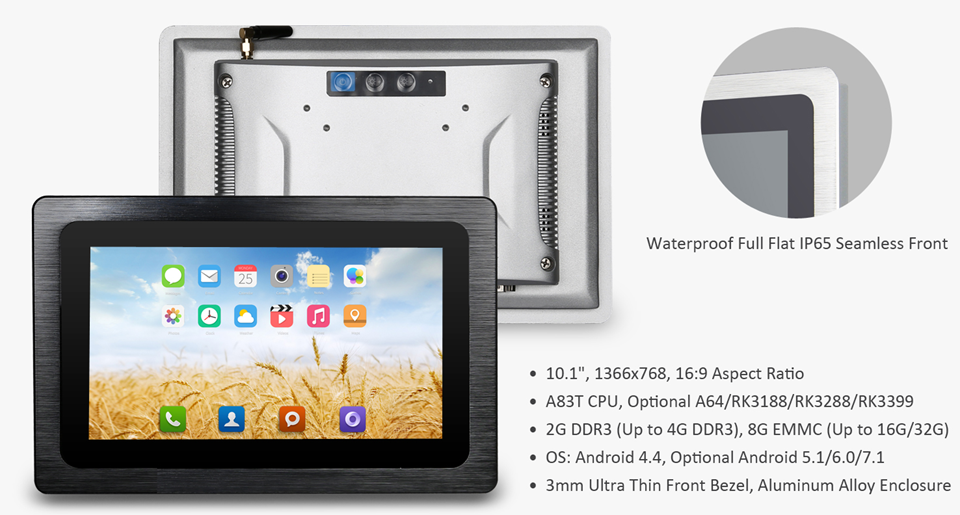 An GK-NWY-NT10F-AND 10" IP65 Android touch screen industrial embedded panel PC HMI for control automation with an image of a wheat field.