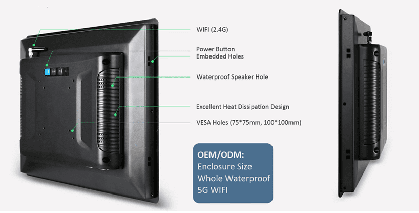 An image of a wall mounted TV with the GK-NWY-NT10F-AND 10" IP65 Android touch screen industrial embedded panel PC HMI for control automation featuring different Android-based features.