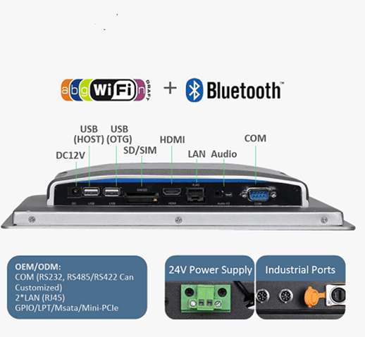 An image of a GK-NWY-NT10F-AND 10" IP65 Android touch screen industrial embedded panel PC HMI for control automation with both bluetooth and wi-fi capabilities.