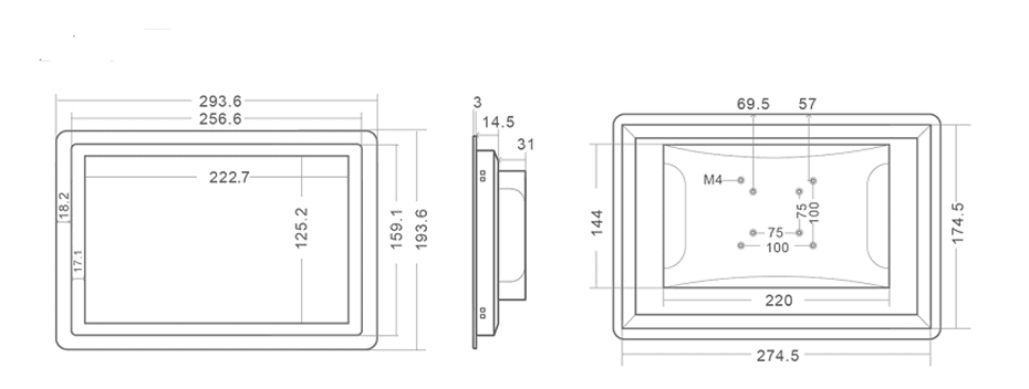 A GK-NWY-NT10F-AND 10" IP65 Android touch screen industrial embedded panel PC HMI for control automation drawing displaying the dimensions of an android embedded panel pc.