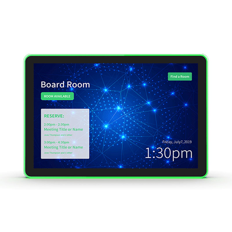 A GK-PL1032A 10.1" Glass Wall Mount Android PoE Tablet with LED Bar & NFC/RFID device with a green screen showing a board room.