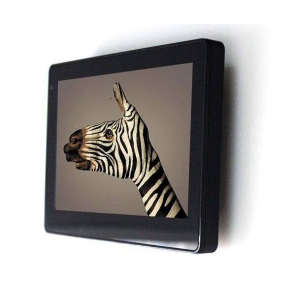 A picture of a zebra is displayed on a 7" Android Tablet Panel PC with Built-In PoE, RS232, RS485, NFC wall-mounted.