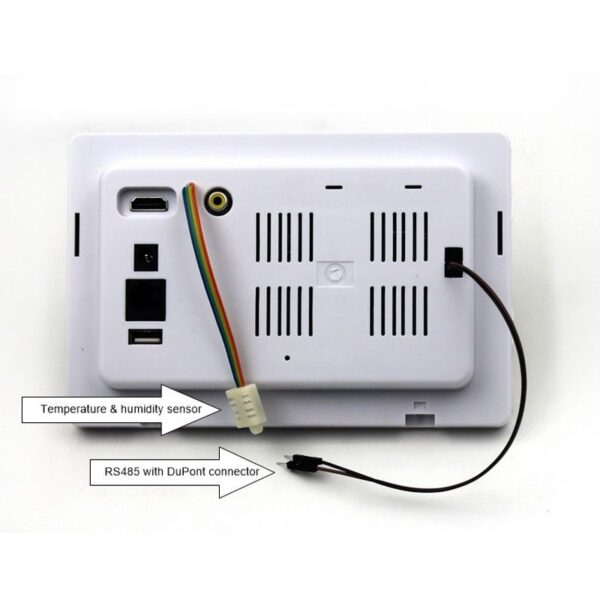 A white wall mounted 7" Android Tablet Panel PC with Built-In PoE, RS232, RS485, NFC device with a wire connected to it.