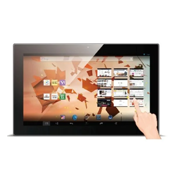 A GK-VR121-V11 12.1" Android PoE Wall Mount Tablet for Digital Signage with a hand pointing at the screen.