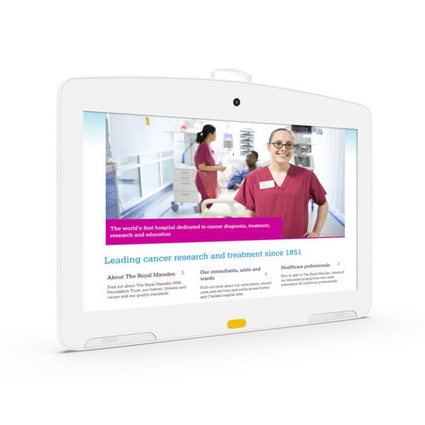A GKMED133-A 13.3 inch Medical tablet for telemedicine and patient care with a woman standing in front of it.