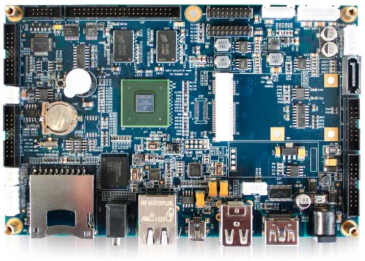 An embedded blue board with a number of industrial components.