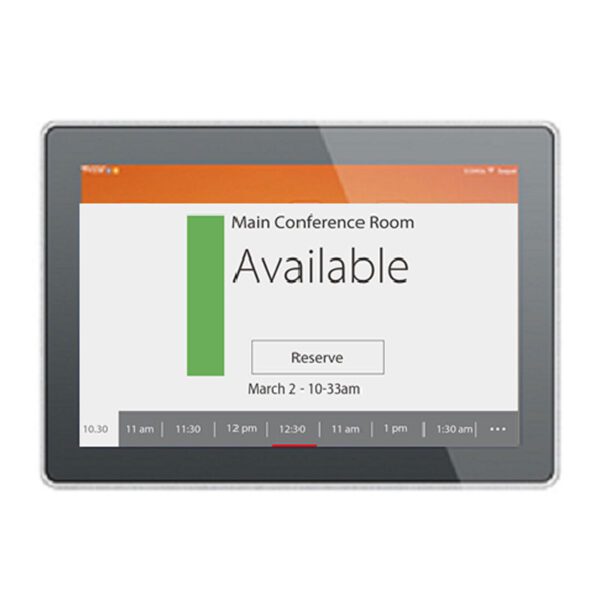 A GK-1066-MR-POE 10.1" Android PoE Tablet for Meeting Room Booking Display Tablet displaying a message that says conference room available.
