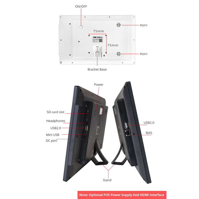 A diagram showing the parts of a GK-BVS156A-POS 15.6" Android PoE OEM AIO for POS and Kitchen Display System monitor.