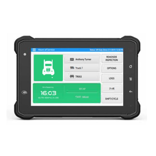 A GK-N777 7" Android in-vehicle ELD tablet with CAN Bus for fleet management and an image of a car on it.