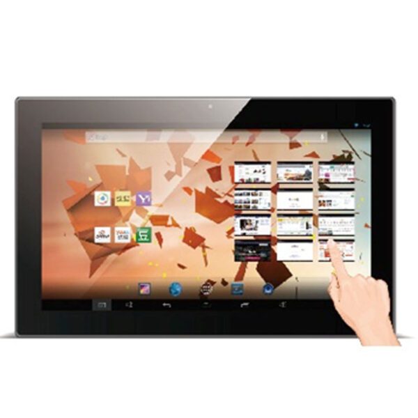 A hand is pointing at a GK-VR24 24" Android 11 PoE touch screen tablet PC for digital signage.
