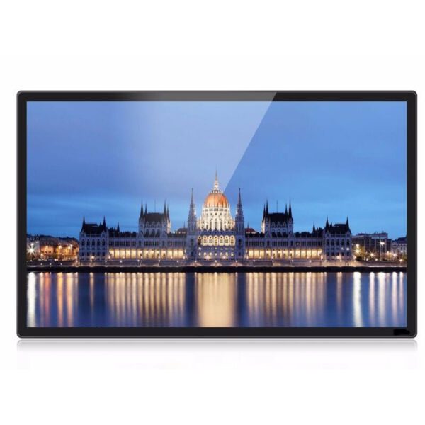 A GK-VR55 55" Android large interactive touchscreen 4K HD display for Digital Signage, KDS & More with a view of the Hungarian Parliament Building.
