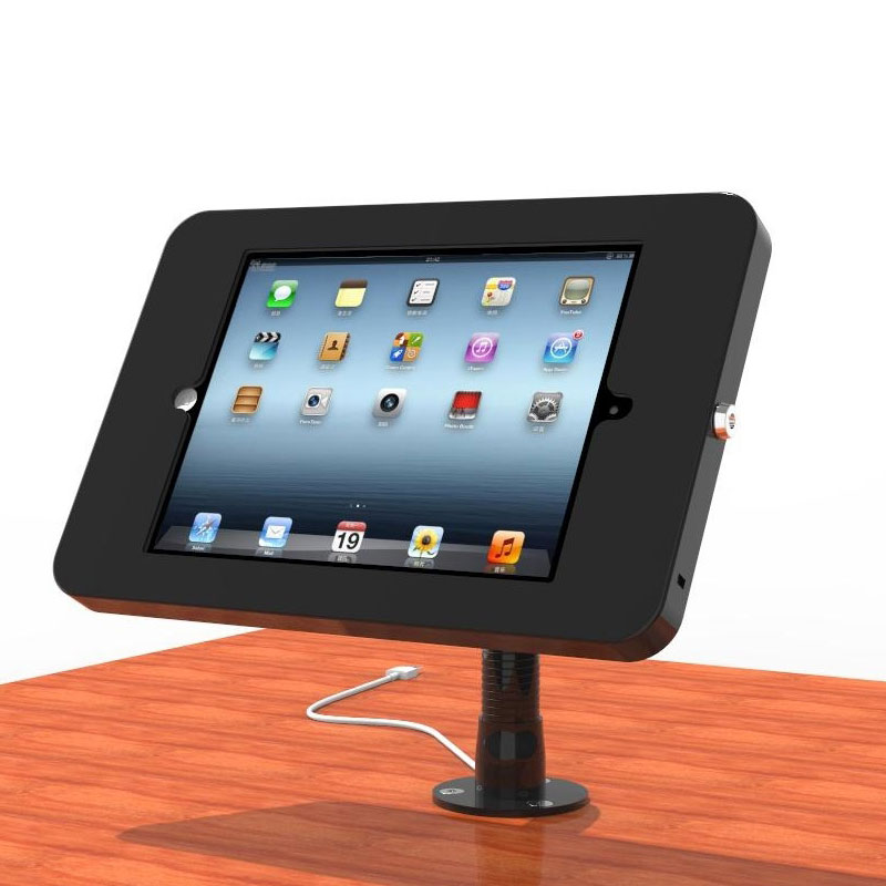 A GK-TSK2011-DT05 Anti-theft Desktop Tablet Enclosure with Goose Neck Stand is sitting on top of a table.