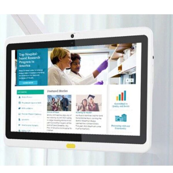 A GK-WH133-RK3288-A8.1-DS/TM 13.3" Android PoE Tablet for Telemedicine and Digital Signage with a woman's face on it.