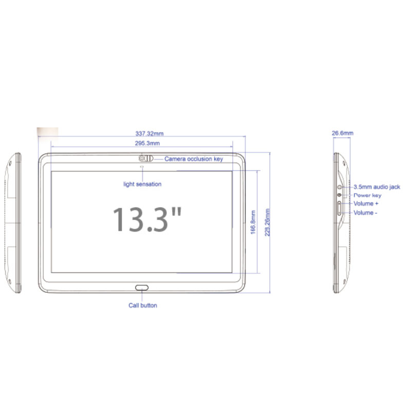 A diagram showing the dimensions of a GK-WH133-RK3288-A8.1-DS/TM 13.3" Android PoE Tablet for Telemedicine and Digital Signage.