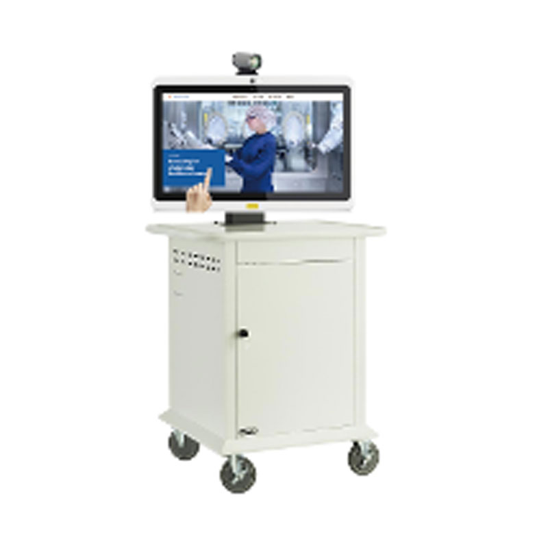 A white cart with a GK-WH133-RK3288-A8.1-DS/TM 13.3" Android PoE Tablet for Telemedicine and Digital Signage on it.