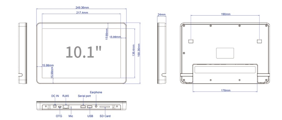 A diagram illustrating the dimensions of a GK-PL3566MR 10.1" Android 11 Wall or Glass Mount POE Tablet PC with LED Status Bar - Meeting Room Displays & Time Clocks.