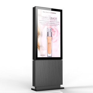 An advertisement for a cosmetic product on an android digital signage display stand.