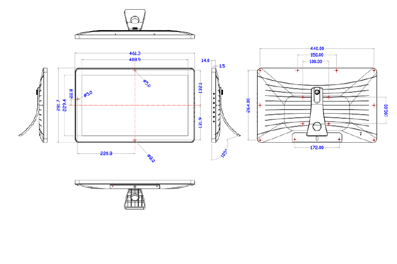 A detailed drawing displaying the dimensions of an GK-VR185-3566-2G8G-V11 18.5" Android 11 PoE touchscreen Tablet PC for Interactive Digital Signage touch screen monitor.