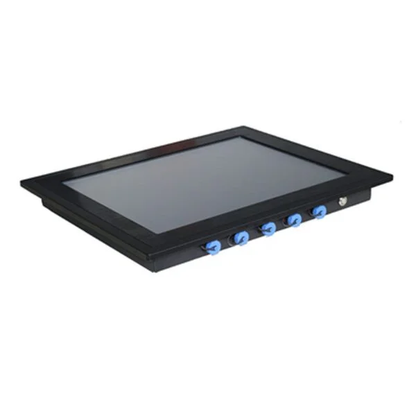 An GK-IP-ENX12QF 12" industrial IP67 waterproof panel PC, featuring a black panel with blue buttons.