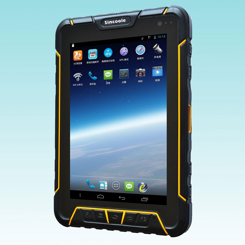 A rugged tablet pc with a yellow and black design.