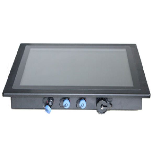 An GK-HM7-67A 7" Android Outdoor IP67 full waterproof dustproof touchscreen embedded panel PC with a black LCD screen and blue buttons on it.