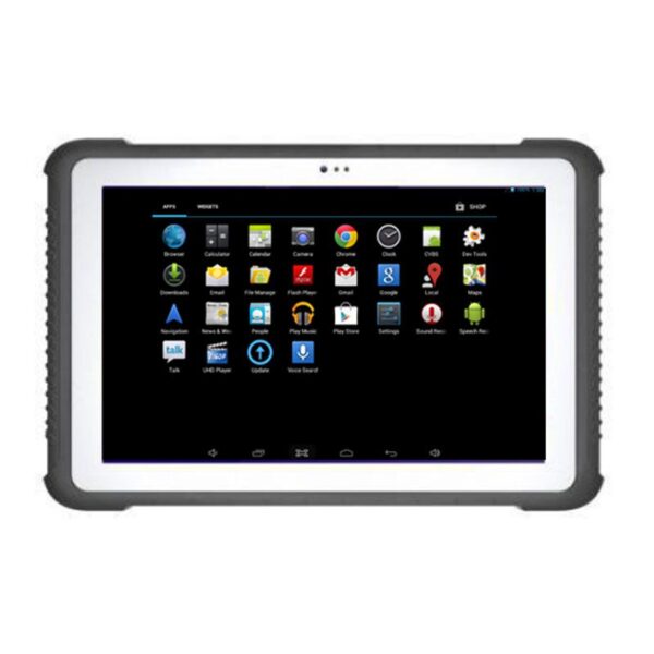 A 12.1" Rugged Android Tablet with NFC & Barcode Scanner with various icons on it.