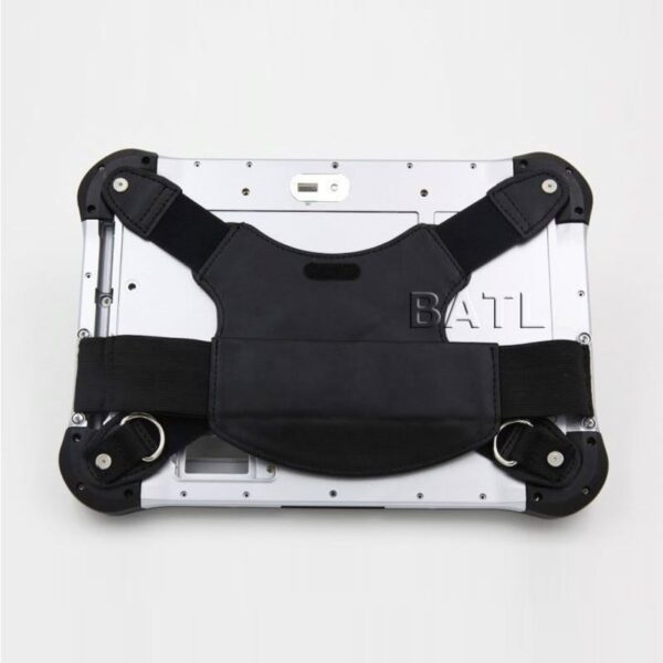 The back of a 12.1" Rugged Android Tablet with NFC & Barcode Scanner with a strap attached to it.