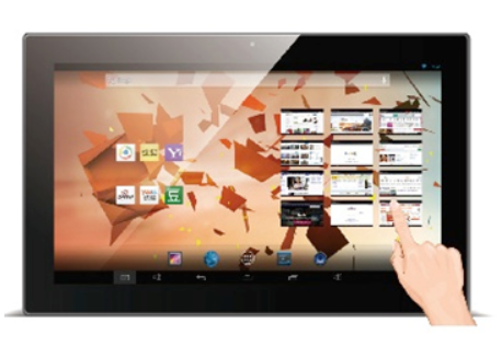 A hand is pointing at a tablet pc.