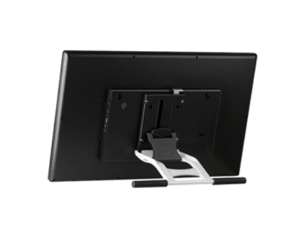 A black monitor with a stand attached to it.