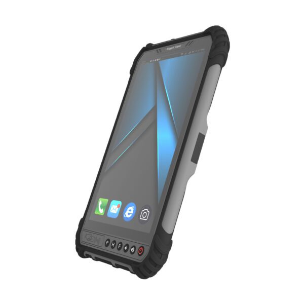 The back of an 8" Android 11 Rugged Handheld Tablet with barcode scanner and a protective case on it.