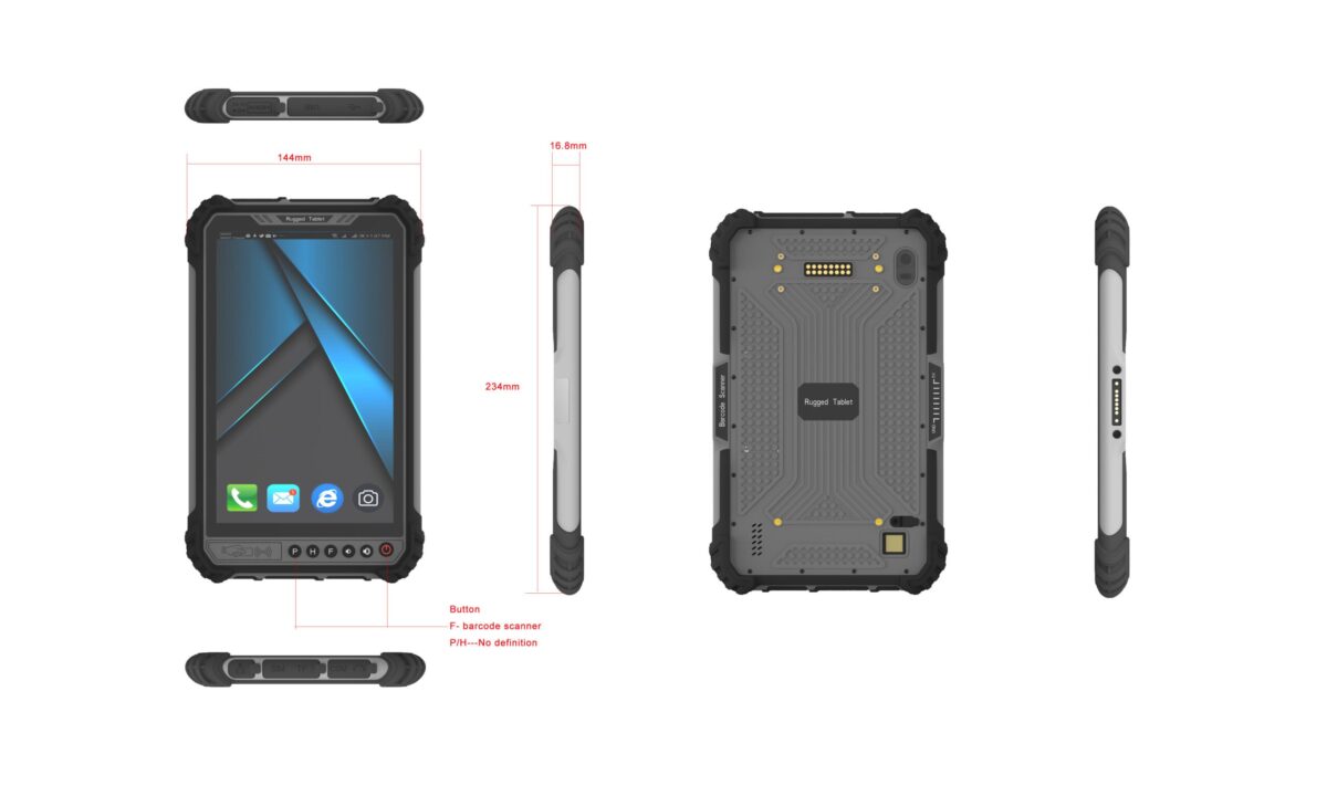 A diagram showing the dimensions of an 8" Android 11 Rugged Handheld Tablet with barcode scanner.