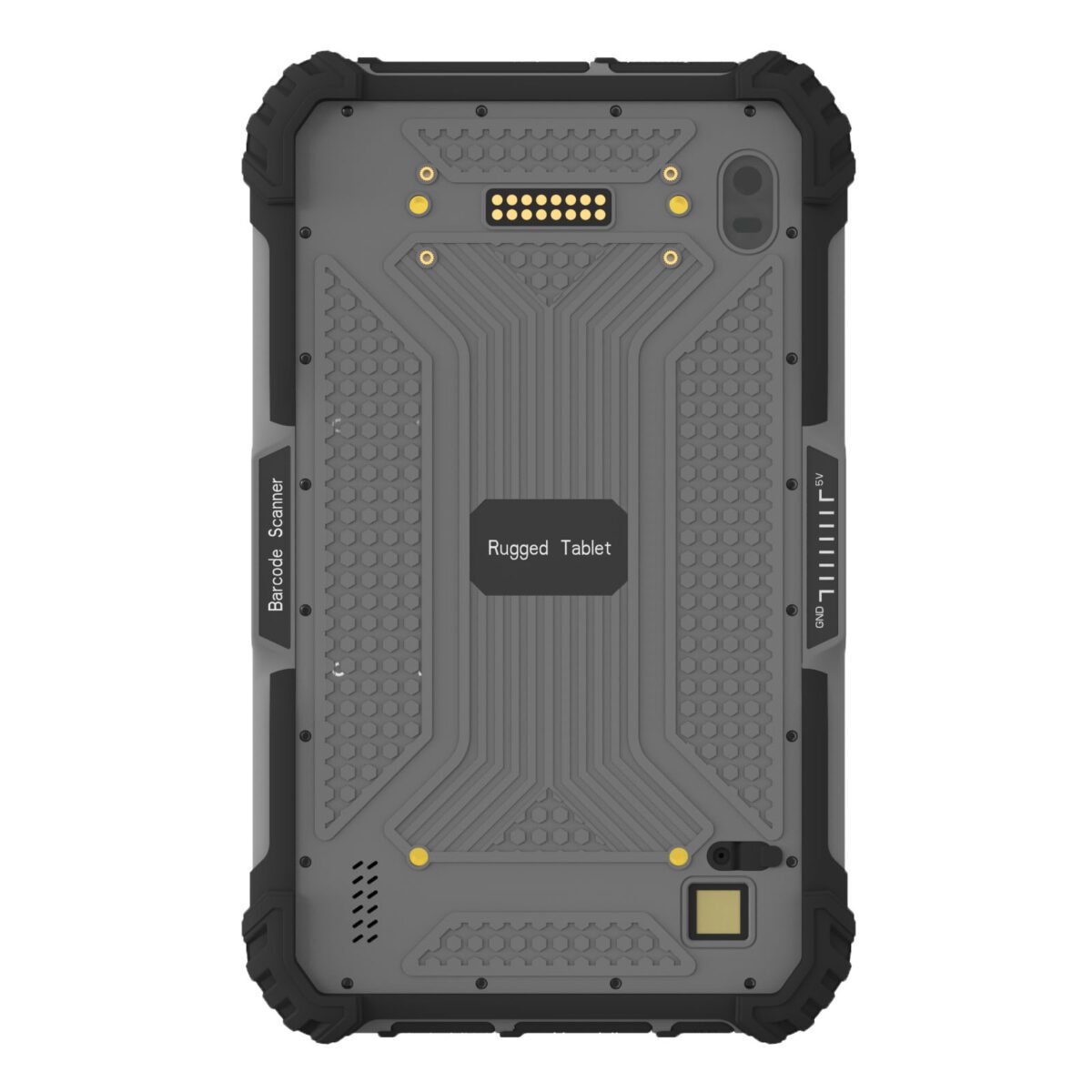 The back view of an 8" Android 11 Rugged Handheld Tablet with barcode scanner.