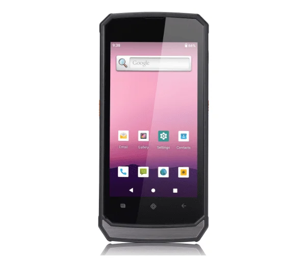 A 5" Rugged Android handheld long range Zebra barcode scanner with pink and purple icons on it.