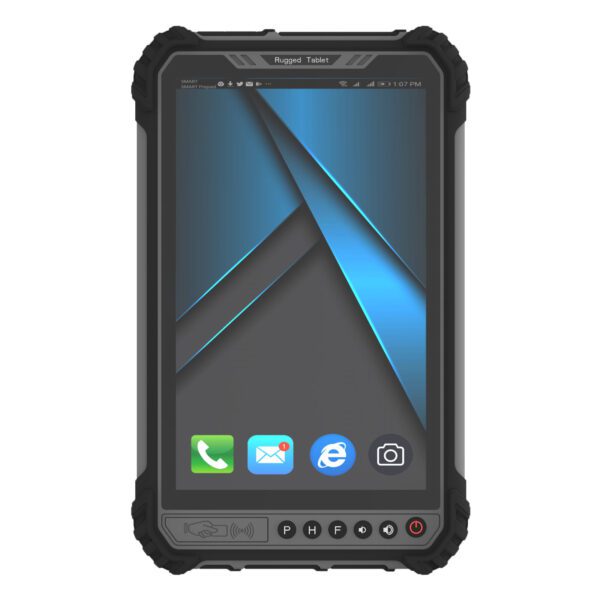 An 8" Android 11 Rugged Handheld Tablet with barcode scanner with a blue screen.