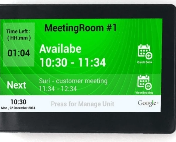 A GK-Q896-POE-NFC 7" Android Panel PC with PoE NFC for employee time & attendance tablet computer with a green screen.