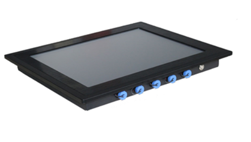 A black GK-HMI-WIN-IP67-21 21-inch IP67 waterproof Windows Industrial Panel PC HMI with blue buttons.