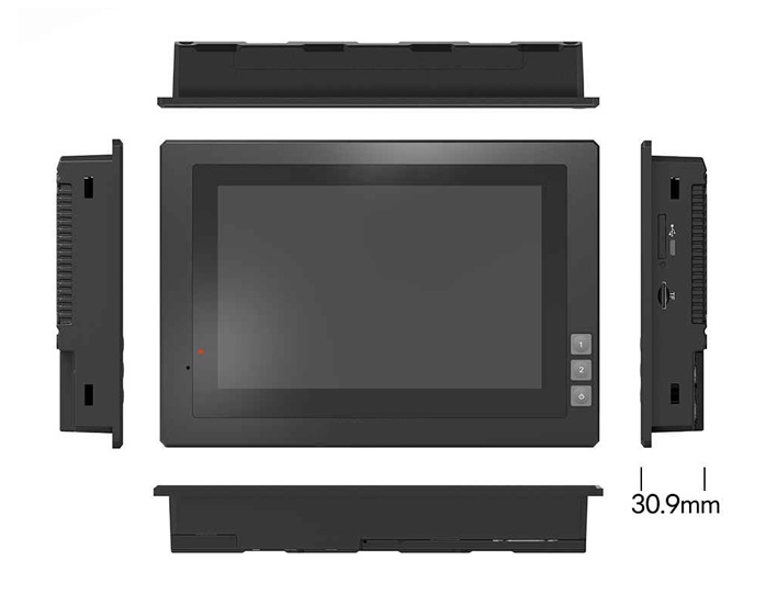 An industrial black 7-inch Embedded Industrial Android Panel PC - PoE RS232 CAN BUS, Sunlight Readable GK-N701-AND with a screen and a stand.