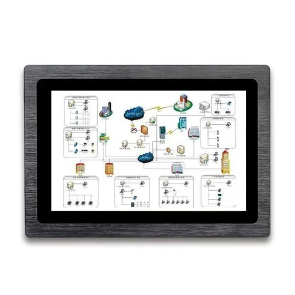 An GK-QR101-N 10.1" Android 11 PoE in-wall touch screen tablet PC - brushed aluminum case, specifically designed for in-wall flush mounting, displaying a black screen with a diagram on it.