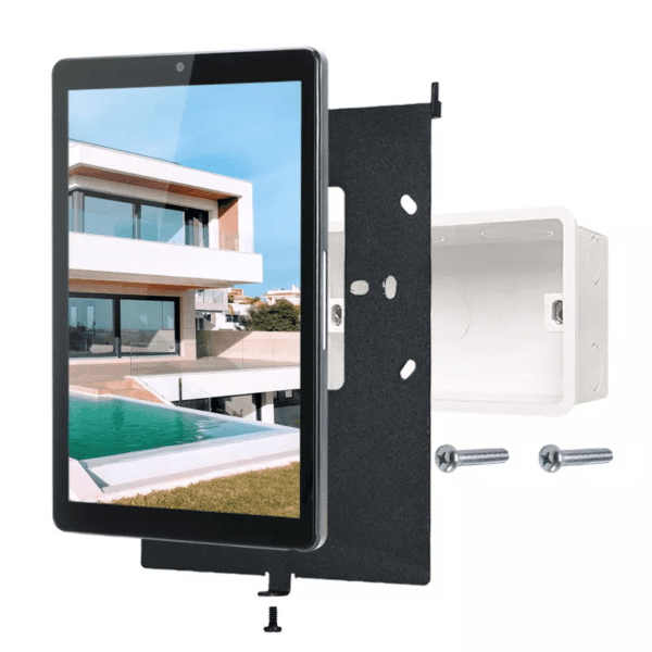 An image of a wall mounted tablet with a pool in the background.