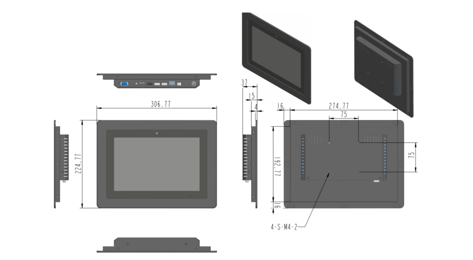 A diagram illustrating the dimensions of a GKQR101N 10.1 inch Android PoE in wall flush or recessed wall mount tablet pc for Digital Signage, Home Automation & Meeting Room Scheduling, including its wall mount capabilities.