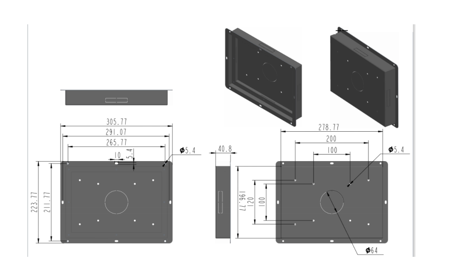 A drawing showing the dimensions of a GKQR101N 10.1 inch Android PoE in wall flush or recessed wall mount tablet pc for Digital Signage, Home Automation & Meeting Room Scheduling black box.