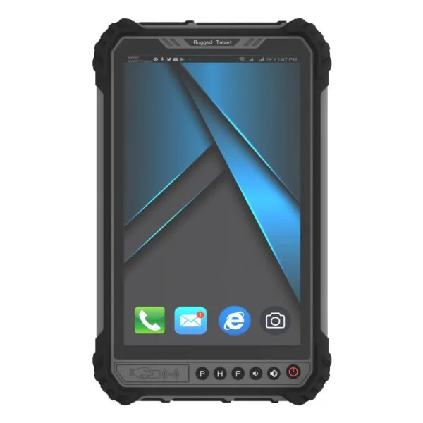 A GK-ST9W-I5 8" Windows 10 Pro rugged handheld tablet with barcode scanner with a blue screen.