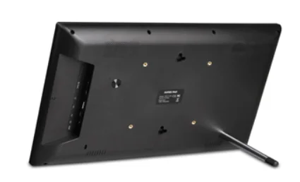 A black tv screen with a stand attached to it, featuring a GK-VR17-3399-4g16g-DS 17 inch Android POE HD touchscreen tablet pc for Digital Signage.