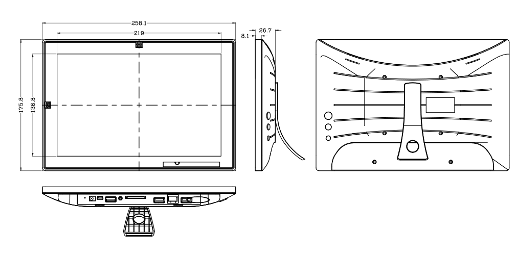 A drawing showing the dimensions of a GK-TVR101-V11 - 10 inch Android 11 with built-in PoE VESA wall mount tablet PC with Kiosk Mode & MDM Support device.