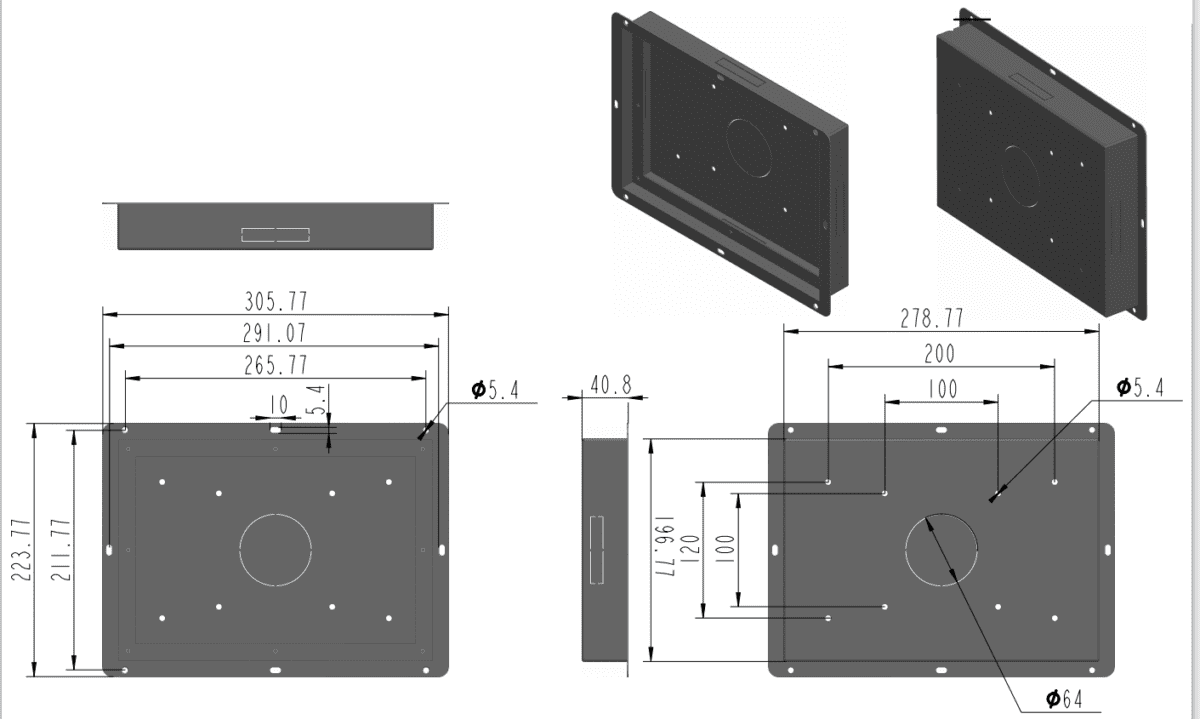 A drawing showing the dimensions of an in-wall flush wall mount for a GK-QR101-N 10.1" Android 11 PoE in-wall touch screen tablet PC - brushed aluminum case.